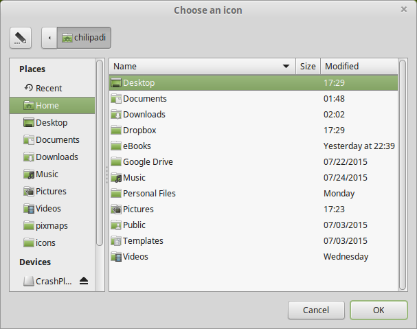 The Choose the Icon window opens in the Home Directory
